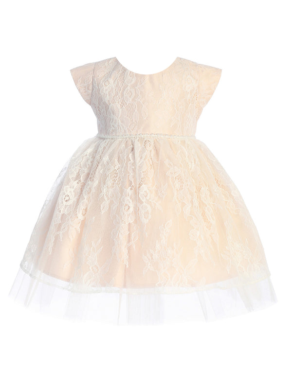 Baby Girls Blush French Lace Peek A Boo Tulle Flower Girl Dress 6-24 Months - SophiasStyle.com